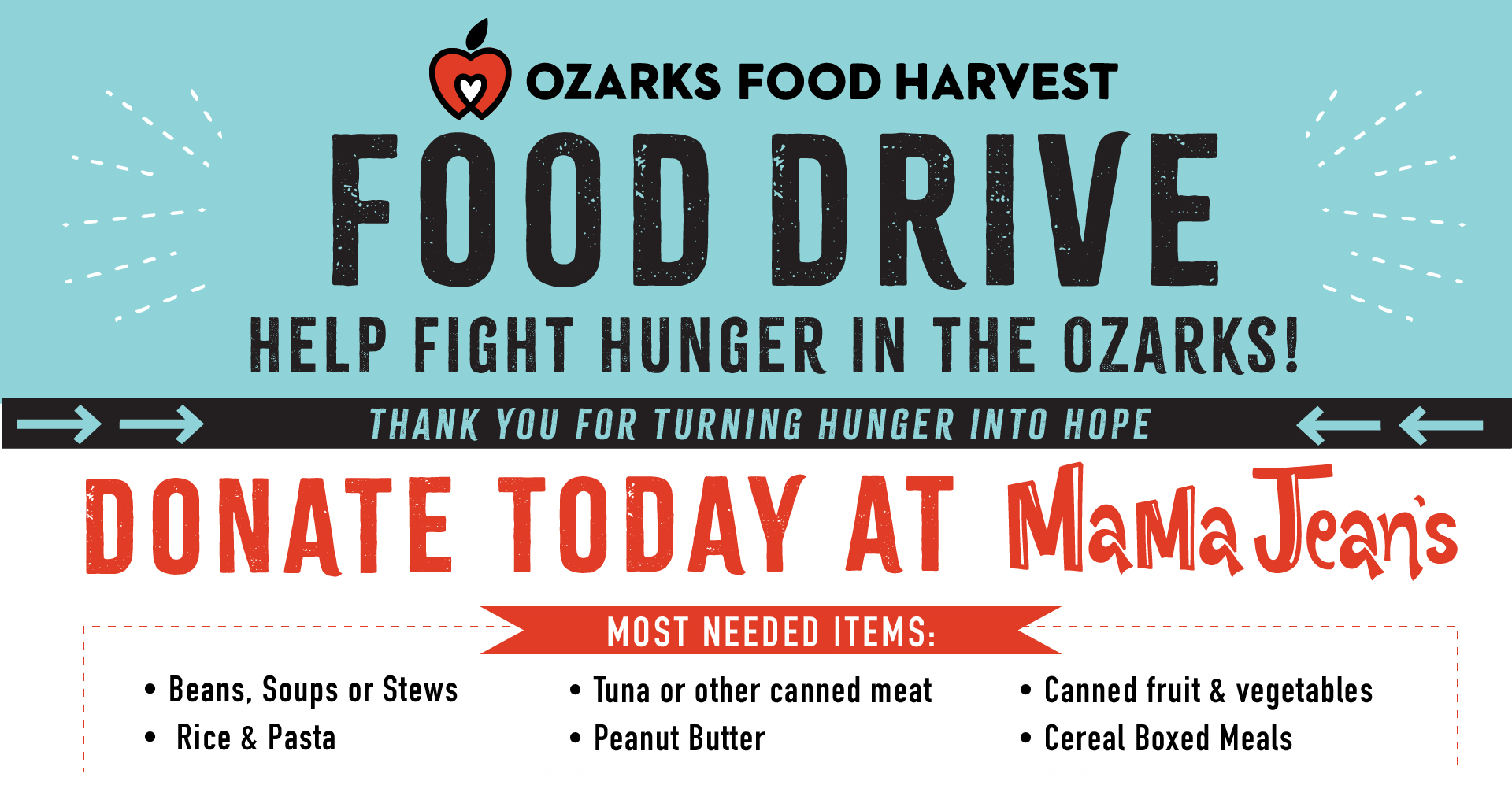Ozarks Food Harvest, Food Drive, local, Help Fight Hunger, snap, change for change, donation, staple food, food needed, hunger, donation drive,